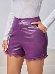 SHEIN Frenchy Shorts De Pu Con Dobladillo De Encaje Para Mujer - Morado - Ver 4