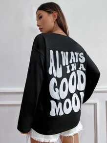 SHEIN Unity 英文字母圖案圓領長袖超大t卹 - 黑色 - 查看 4