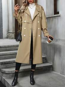 SHEIN LUNE 雙排扣束帶風衣,長款 - 卡其色 - 查看 4