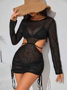 SHEIN Swim 背心式透明網眼側邊束腰設計泳裝套裝 - 黑色 - 查看 5