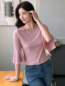 Dazy Star 女性純色鐘形袖t恤 - 粉色 - 查看 4