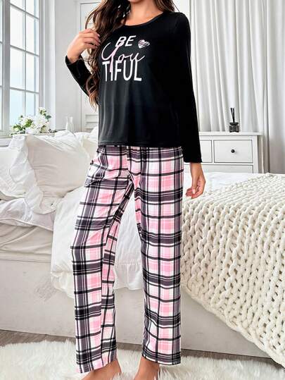 Letter Grid Printed Shirt Long Pants Pyjama Set, Fall Clothes Cozy Elegante view 4
