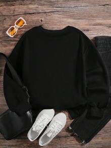 INAWLY 女士字母印花保暖運動毛衣 - 黑色 - 查看 2