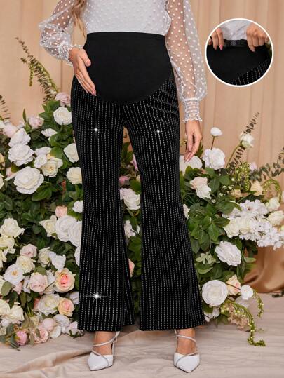 SHEIN Pantalones Acampanados De Maternidad Con Cintura Ajustable Y Detalles De Brillos