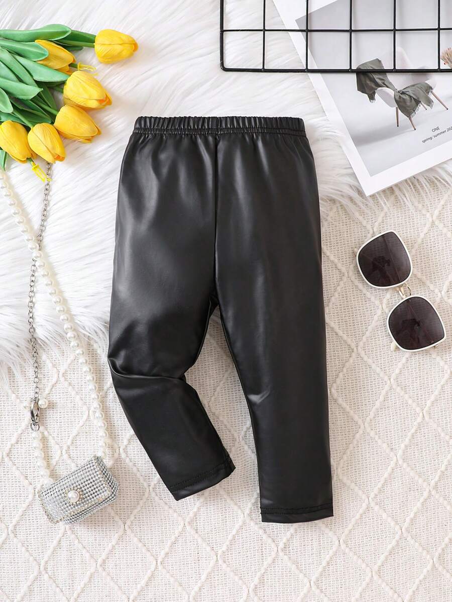 SHEIN Playful Pals Baby Girl Elastic Waist Pu Leather Leggings - Black - View 1