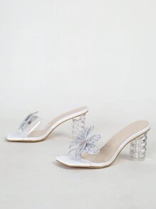 Fashionable High Heel Sandals For Women With Rhinestone Butterfly Decor, Transparent Glass Jelly Fabric, Asymmetric Shape Valentines - White - View 3