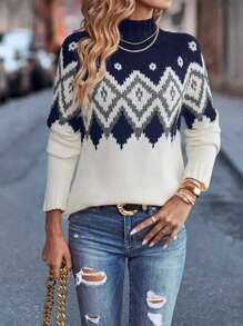 SHEIN LUNE Casual High Neck Geometric Color Block Knit Sweater,Long Sleeve Tops Knit Pullover Fall Winter Sweater - Navy Blue - View 1