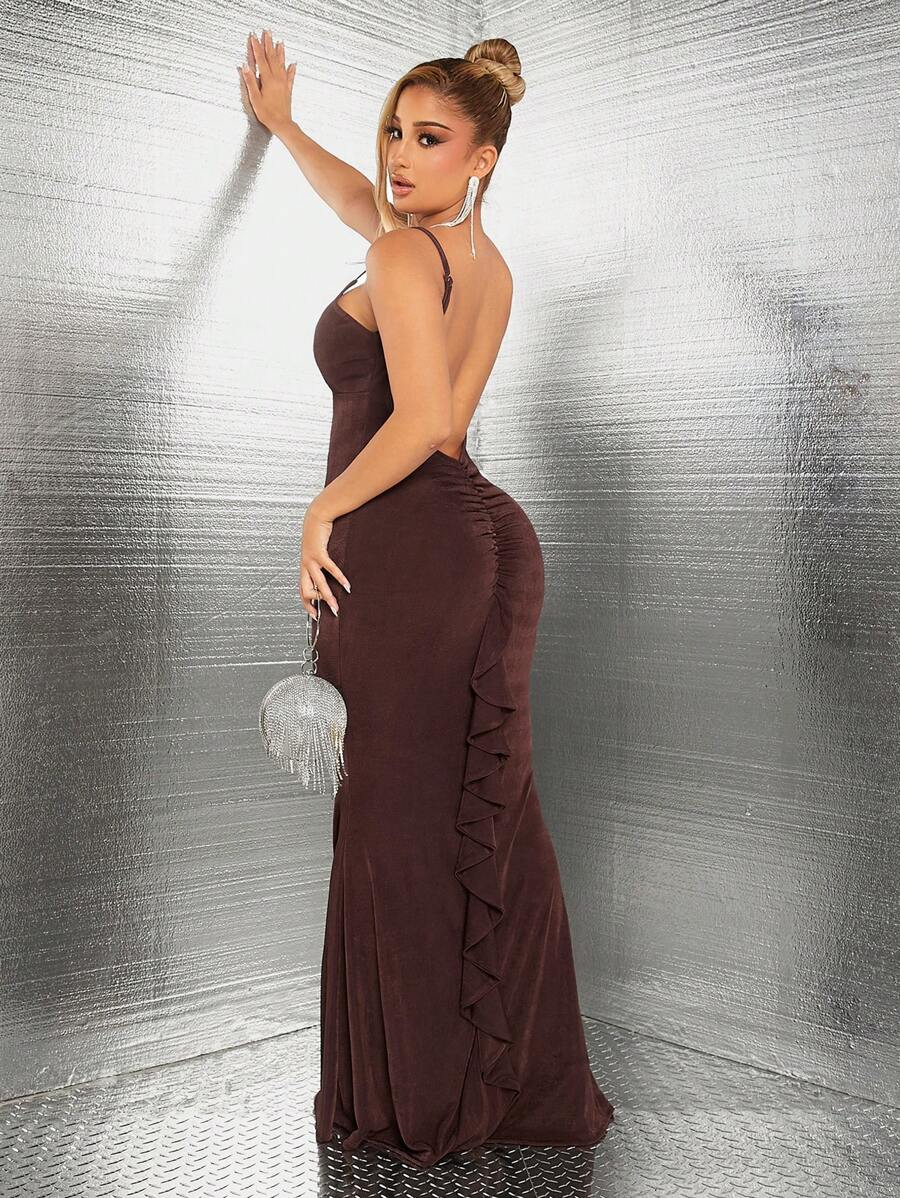 SHEIN SXY 性感服裝俱樂部女士純色褶皺修身露背連衣裙,配褶邊及人魚裙擺 - 棕色 - 查看 1