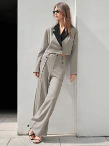 Anewsta 女士色塊西裝外套和褲子套裝 - 咖啡棕 - 查看 1