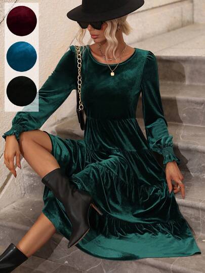 SHEIN LUNE 素色荷葉袖荷葉邊A字連衣裙