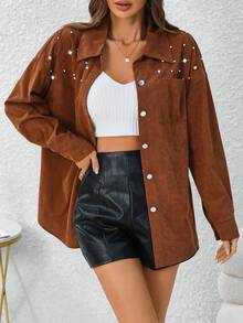 SHEIN LUNE 女式珍珠裝飾胸前口袋鈕扣襯衫 - 棕色 - 查看 4