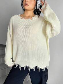 SHEIN EZwear 大尺碼純色磨損邊滴肩毛衣 - 米色 - 查看 4