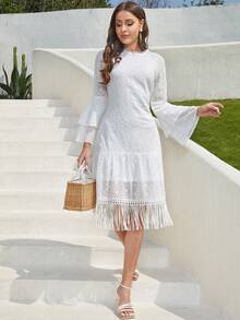 Eilly Bazar 喇叭袖流蘇下擺連身裙 - 白色 - 查看 5