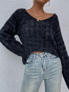 SHEIN Frenchy 女款圓領落肩寬鬆毛絨毛衣 - 黑色 - 查看 3