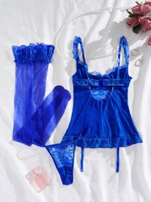 Classic Sexy Floral Lace Frill Trim Underwire Garter Corset Bustier Set With 1pair Stocking, Lingerie Set