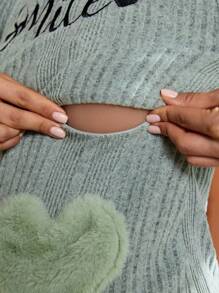 SHEIN Maternity Letter & Heart Embroidered Ribbed Nursing Dress, For Winter - Green - View 3