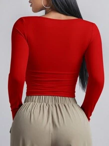 SHEIN BAE 女士純色圓領修身t恤 - 紅色 - 查看 2