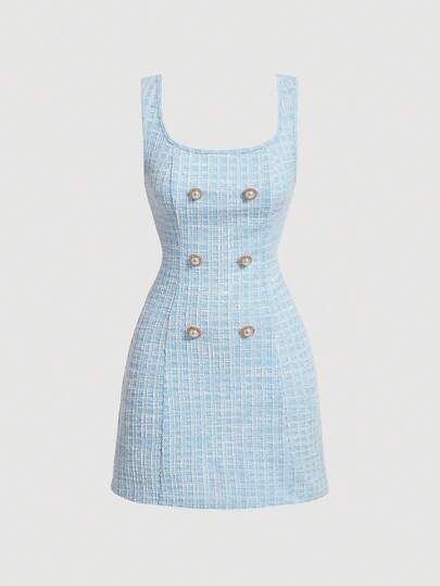 SHEIN MOD Double Breasted Detail Plaid Tweed Dress Without Blouse
