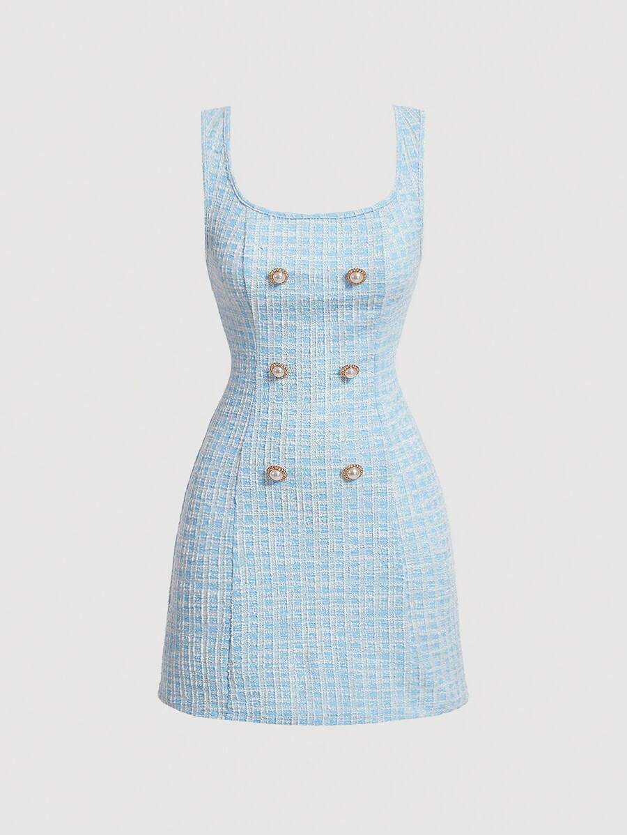 SHEIN MOD Double Breasted Detail Plaid Tweed Dress Without Blouse - Blue and White - View 1