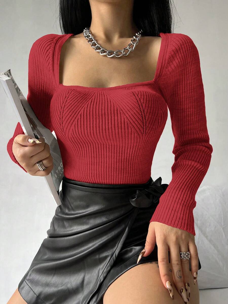 Cloudara Square Neck Ribbed Knit Sweater - Red - View 1