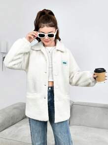 少女保暖衬里字母拼布外套 - 白色 - 查看 4