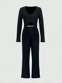 SHEIN Unity Conjunto de jersey asimétrico de cuello en V negro y pantalones de punto - Negro - Ver 1