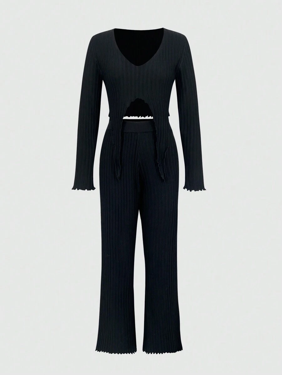 SHEIN Unity Conjunto de jersey asimétrico de cuello en V negro y pantalones de punto - Negro - Ver 1