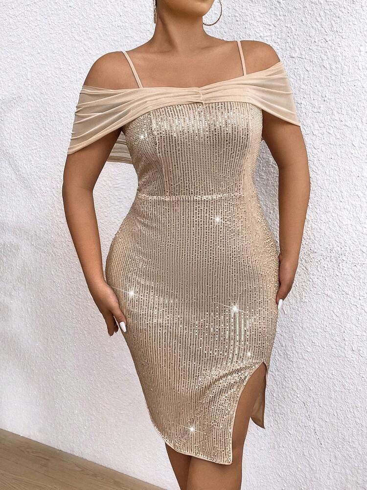 Plus Size Glittering Split Hem Dress