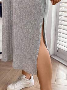 SHEIN LUNE Plus Size Women's Slim Ribbed V-neck Dress - Grey - View 3