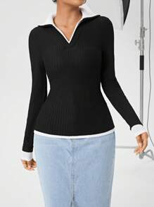 SHEIN Essnce Camiseta Ajustada 2 En 1 De Color De Contraste - Negro - Ver 1