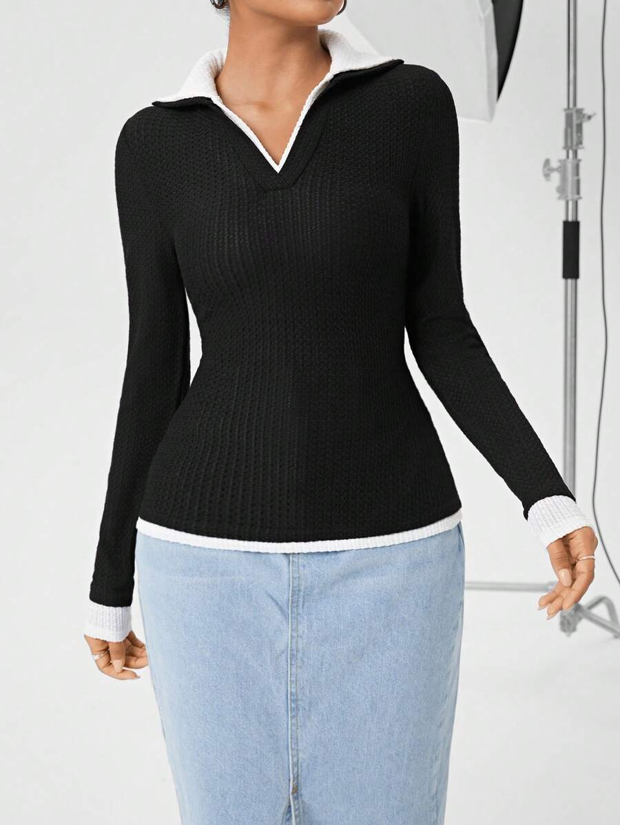 SHEIN Essnce Camiseta Ajustada 2 En 1 De Color De Contraste - Negro - Ver 1