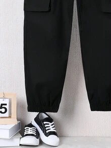 SHEIN 男童運動款實色休閒貨物褲 - 黑色 - 查看 3