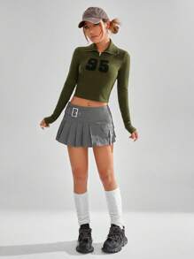 SHEIN EZwear Low Rise Pleated Skirt With Flap Pockets - Grey - View 4