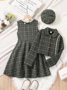 SHEIN Cô gái Tween Kẻ sọc Màu xanh lá Bộ đồ - màu xanh lá - Xem 1