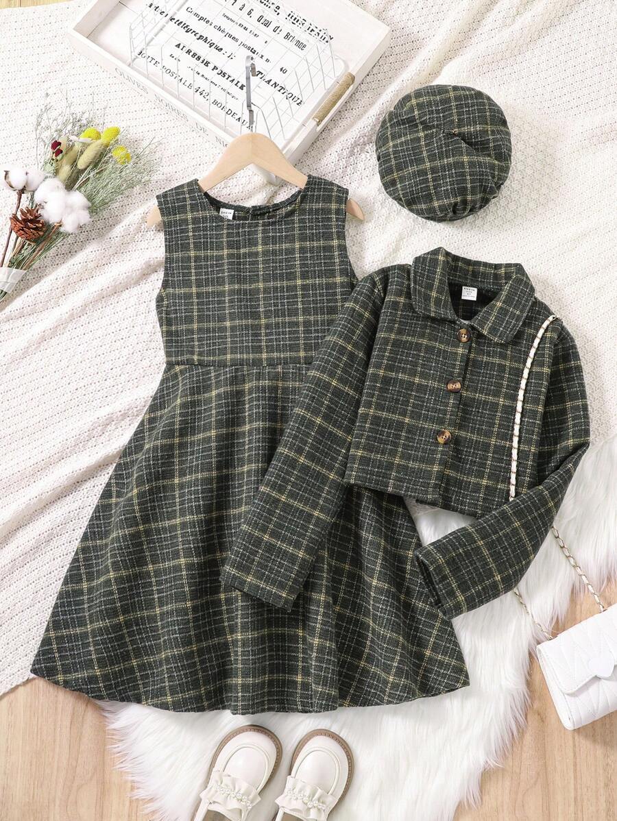 SHEIN Cô gái Tween Kẻ sọc Màu xanh lá Bộ đồ - màu xanh lá - Xem 1