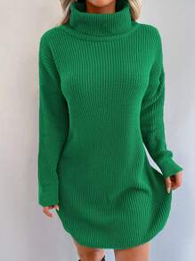 EURMUSE Turtleneck Drop Shoulder Sweater Dress Without Belt - Green - View 5