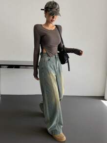 DAZY 女式闊腿牛仔褲 - 深色水洗藍 - 查看 3