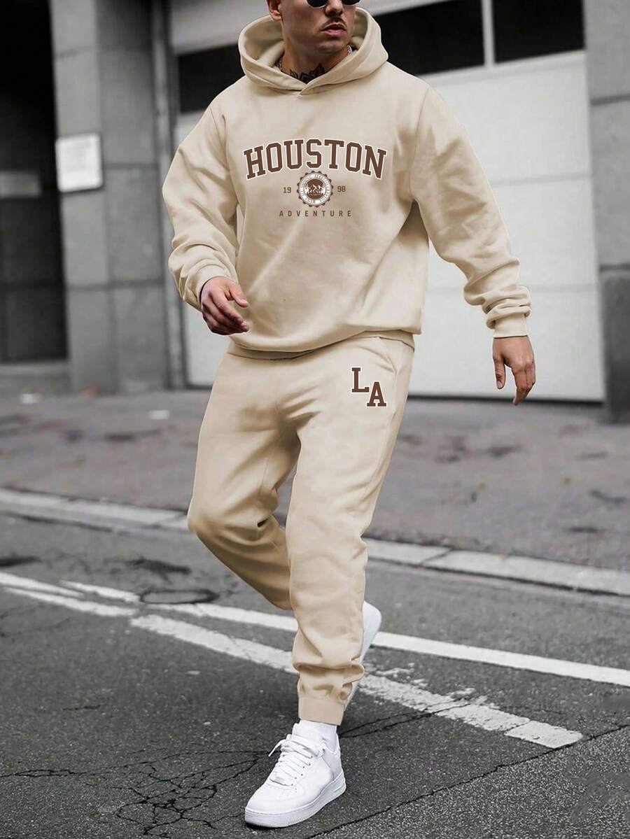 GENTILAND Men's Plus Size Letter Printed Hoodie And Sweatpants Set - Khaki - View 1