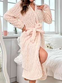 純色綁帶法蘭絨休閒長袍 - 杏色 - 查看 5