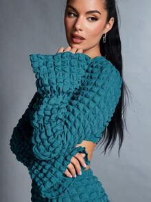 SHEIN BAE 女式純色紋理短上衣 - 藏蓝色 - 查看 7
