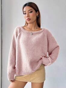 SHEIN EZwear Áo len tay raglan màu trơn họa tiết hoa anh đào mùa đông rộng rãi và thoải mái dành cho nữ - Hồng - Xem 4