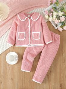 保暖内衬针织甜美彼得潘领开衫和裤子套装适合年轻女孩家居服 - 粉色 - 查看 1