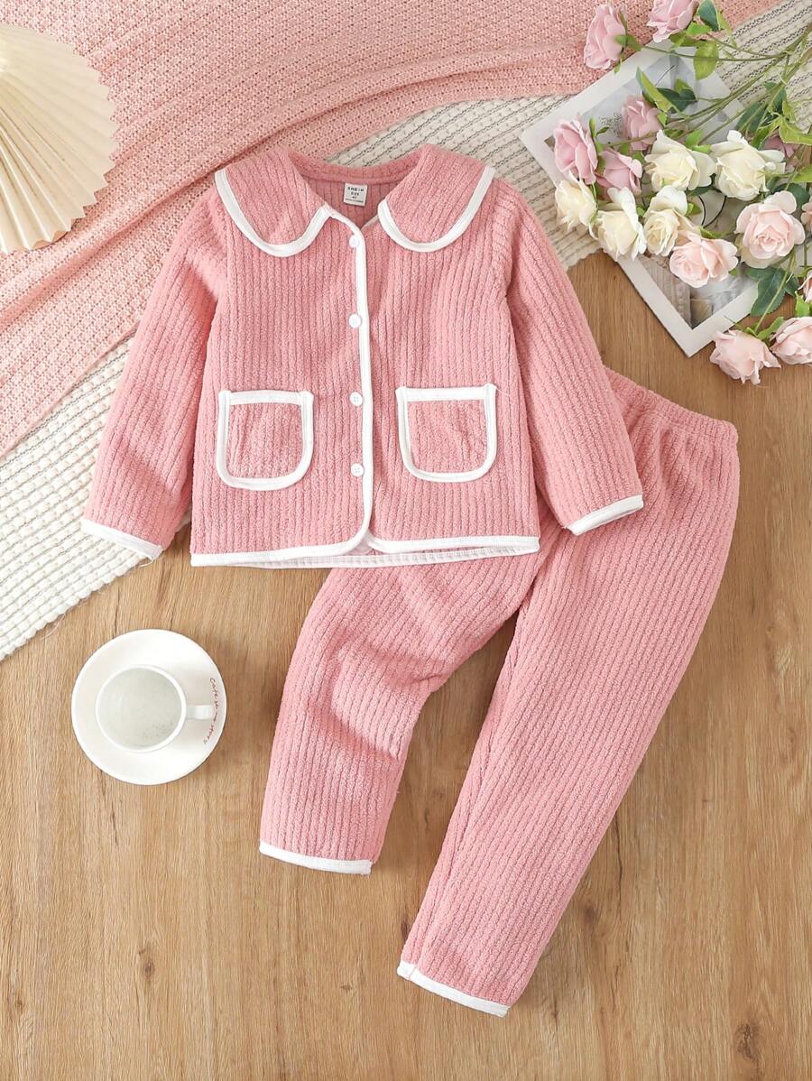保暖内衬针织甜美彼得潘领开衫和裤子套装适合年轻女孩家居服 - 粉色 - 查看 1