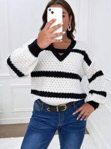 Flirla Women's Plus Size Striped Drop Shoulder Sweater Knit Pullover Fall Winter Sweater - Multicolor - View 1