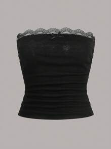 SHEIN EZwear 2 Piezas Tops Sin Tirantes Ajustados De Encaje Con Parches - Rosa - Ver 4