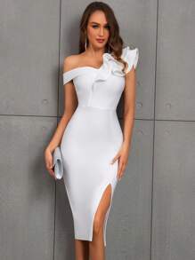 Ruffle Asymmetric Neckline Slit Mid-Length Bandage Bodycon Dress, Suitable For Valentine's Day Party, Wedding Guest, Cocktail Event - White - View 4