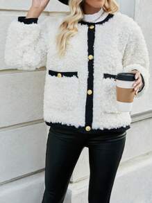 SHEIN LUNE Contrast Trim Plush Jacket - White - View 3