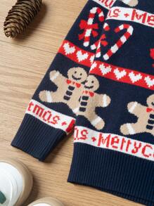 SHEIN Suéter Con Patrón Del Hombre De Jengibre De Navidad Y Bastón De Caramelo Para Niña Pequeña - Azul Marino - Ver 4