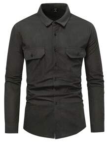 Manfinity Homme Loose Fit Men's Solid Color Long Sleeve Single-Breasted Shacket - Grey - View 5