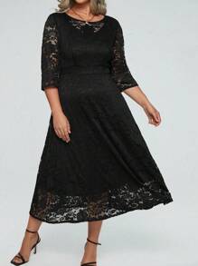 SHEIN Clasi Maxikleid in A-Linie für Damen mit Spitze in Unifarbe, Große Größen